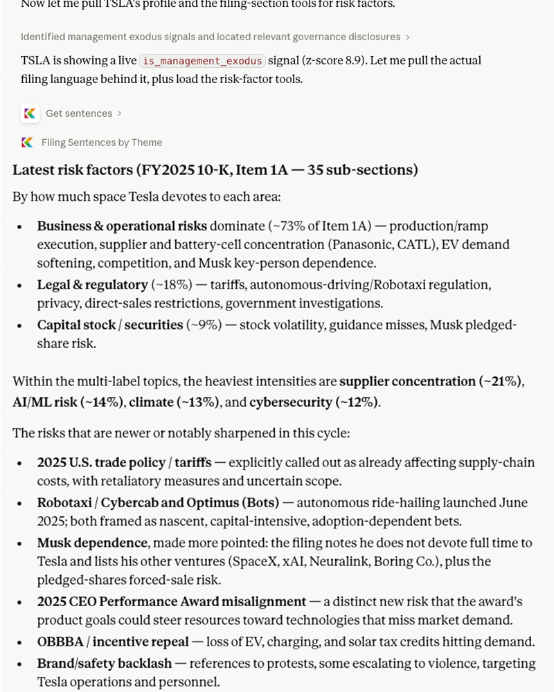 Claude showing recent management and board changes plus the latest risk factors for TSLA using Kaleidoscope MCP